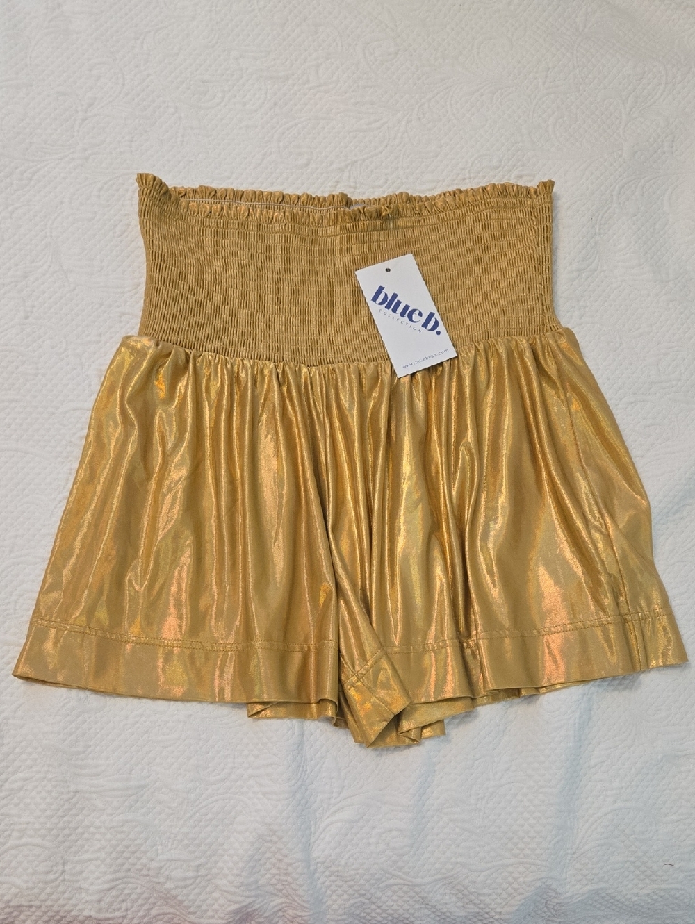bluefly Gold High-Waist Smocked Satin Shorts